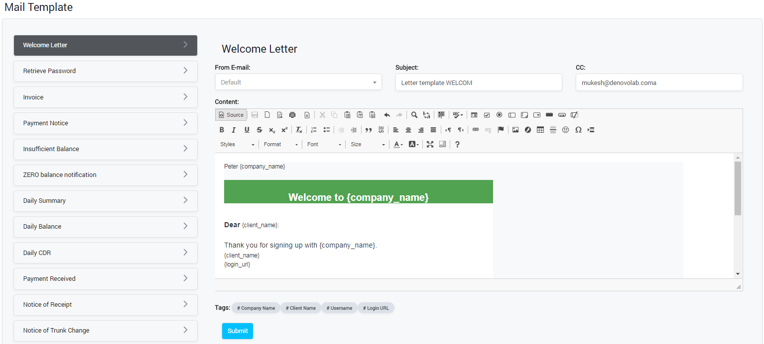 Email Template Setting