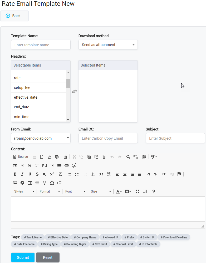 Creating New Rate Email Template