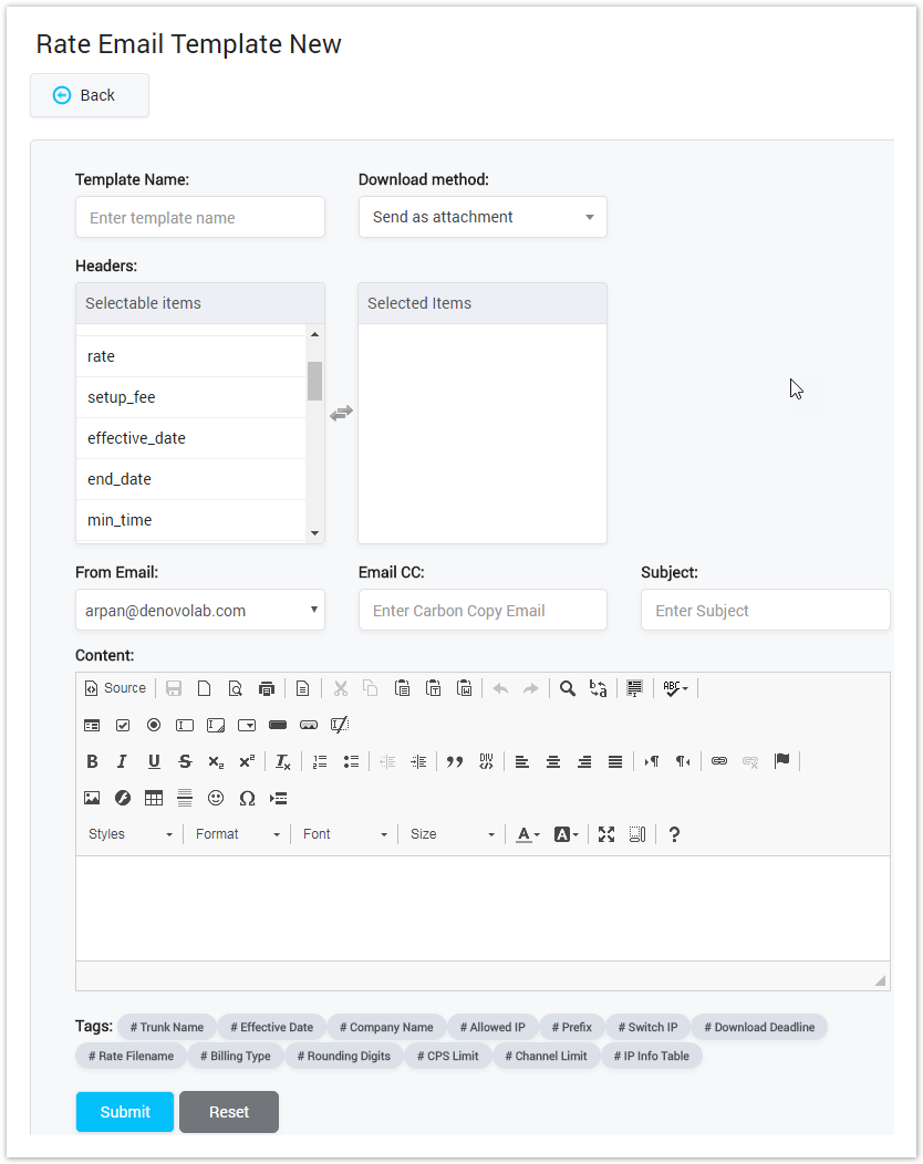 Creating New Rate Email Template