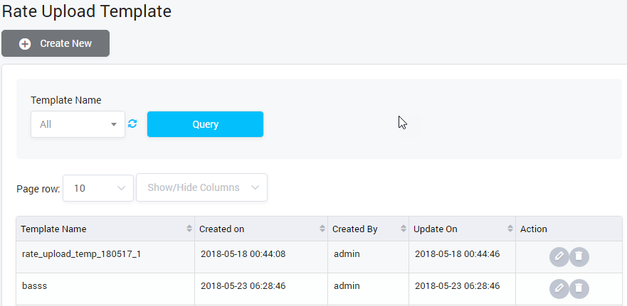 Rate Upload Templates List