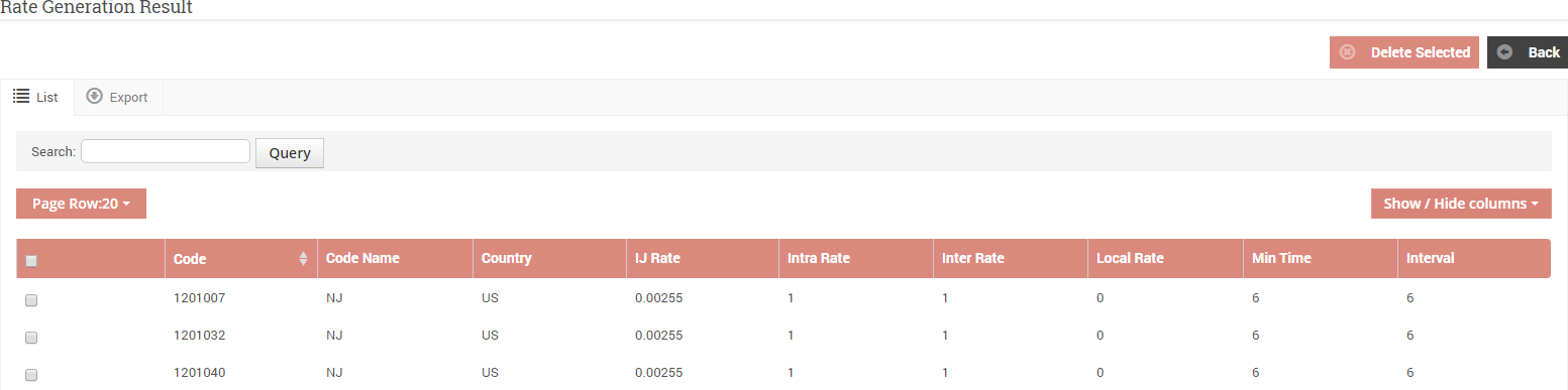 Rate Generation Result